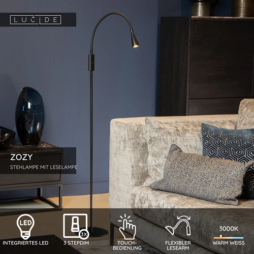 Lucide ZOZY - Stehlampe Mit Leselampe - LED 3 StepDim - 1x4W 3000K - Schwarz - USP